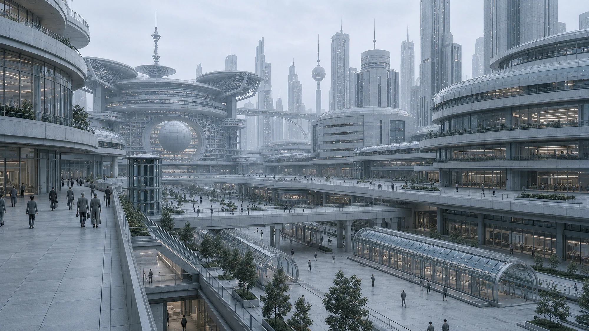 A multilevel living environment in the System with walkways, routes, and small human figures.