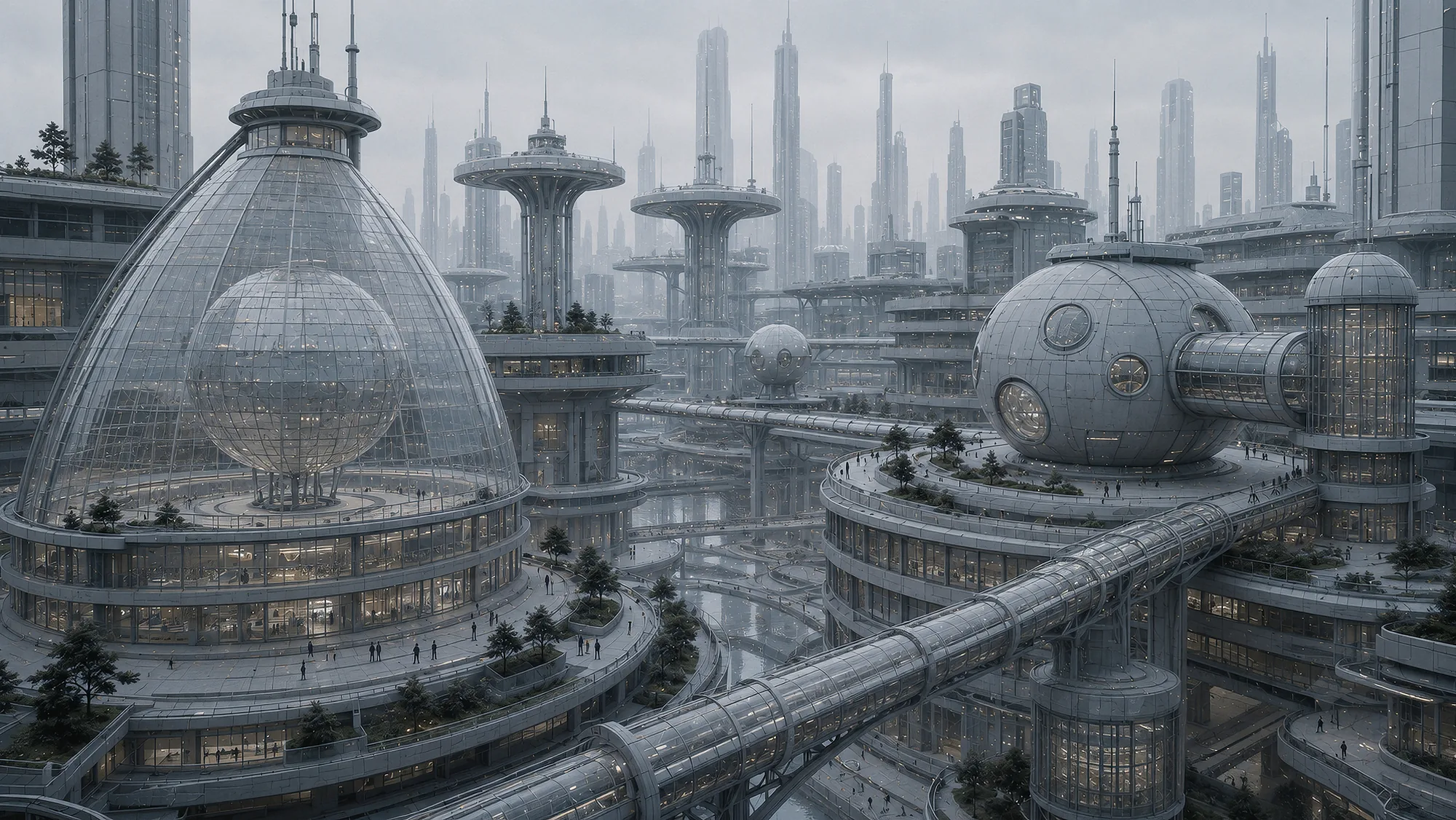 Autonomous architectural complexes connected by walkways and transport infrastructure.