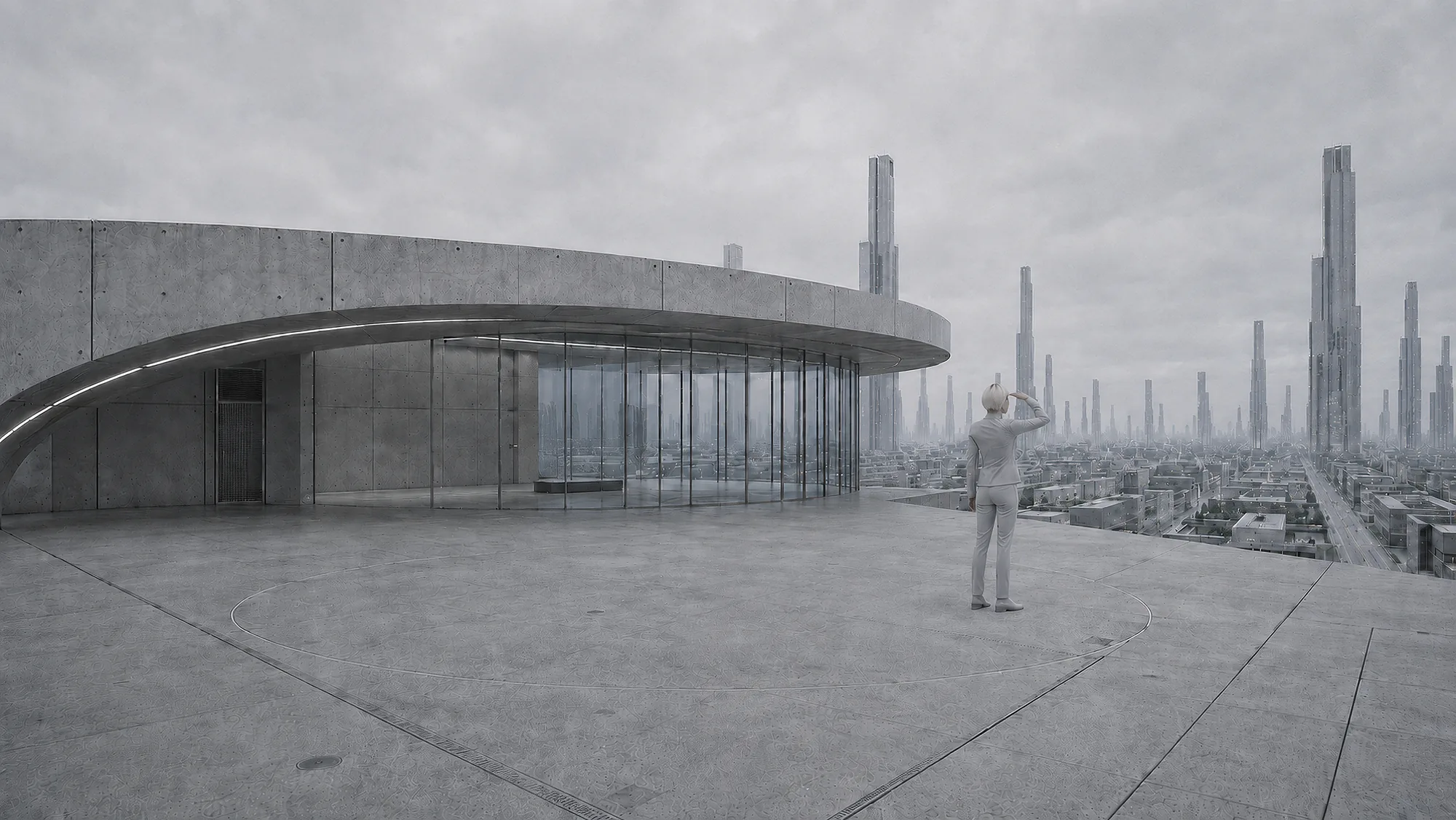 Lea stands on an observation platform, shielding her eyes with one hand as she looks towards the sky.