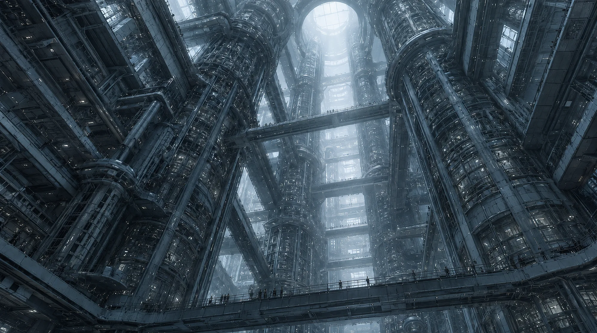 A vertical interior of the System with bridges, multiple levels, and a central band of light.