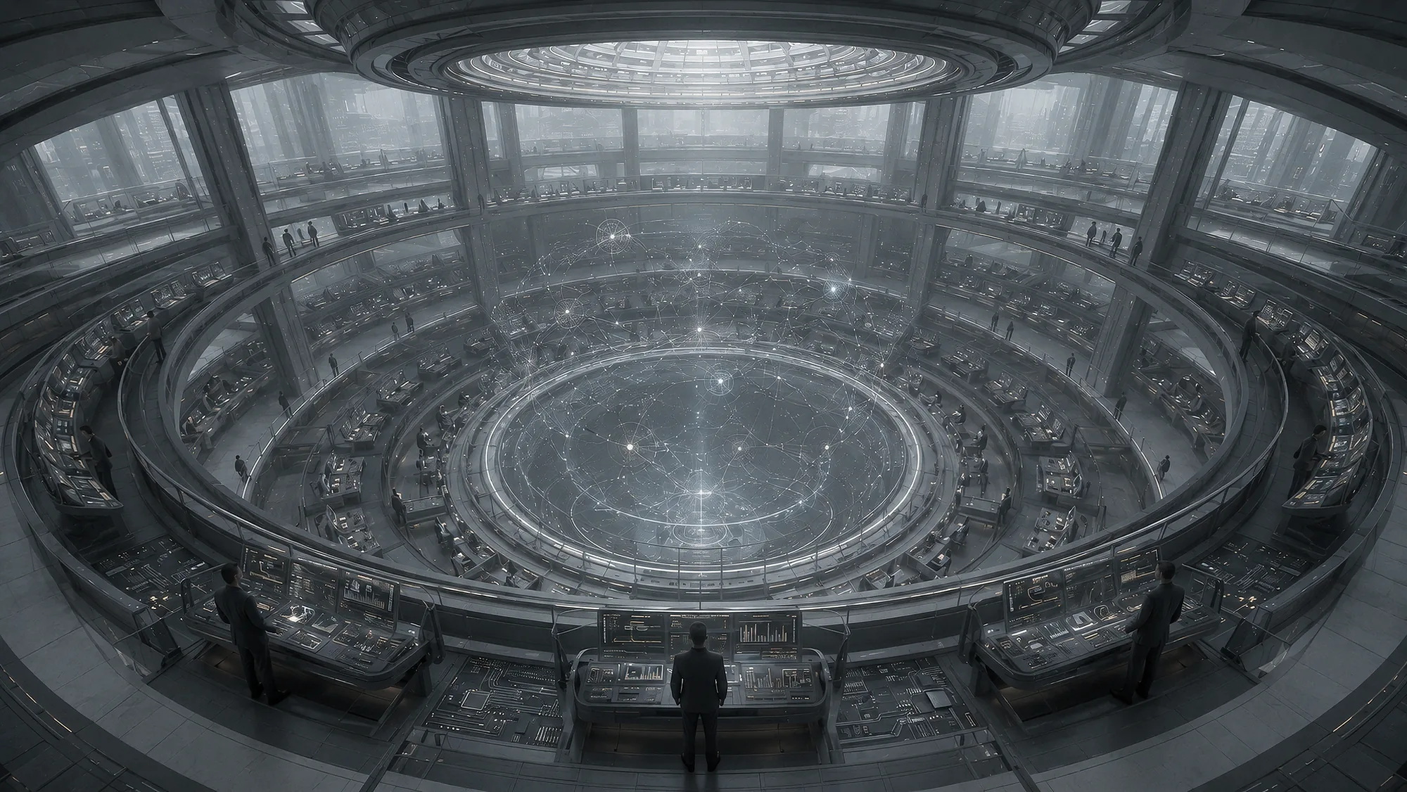 A circular control centre with operators, information tiers, and a central model.
