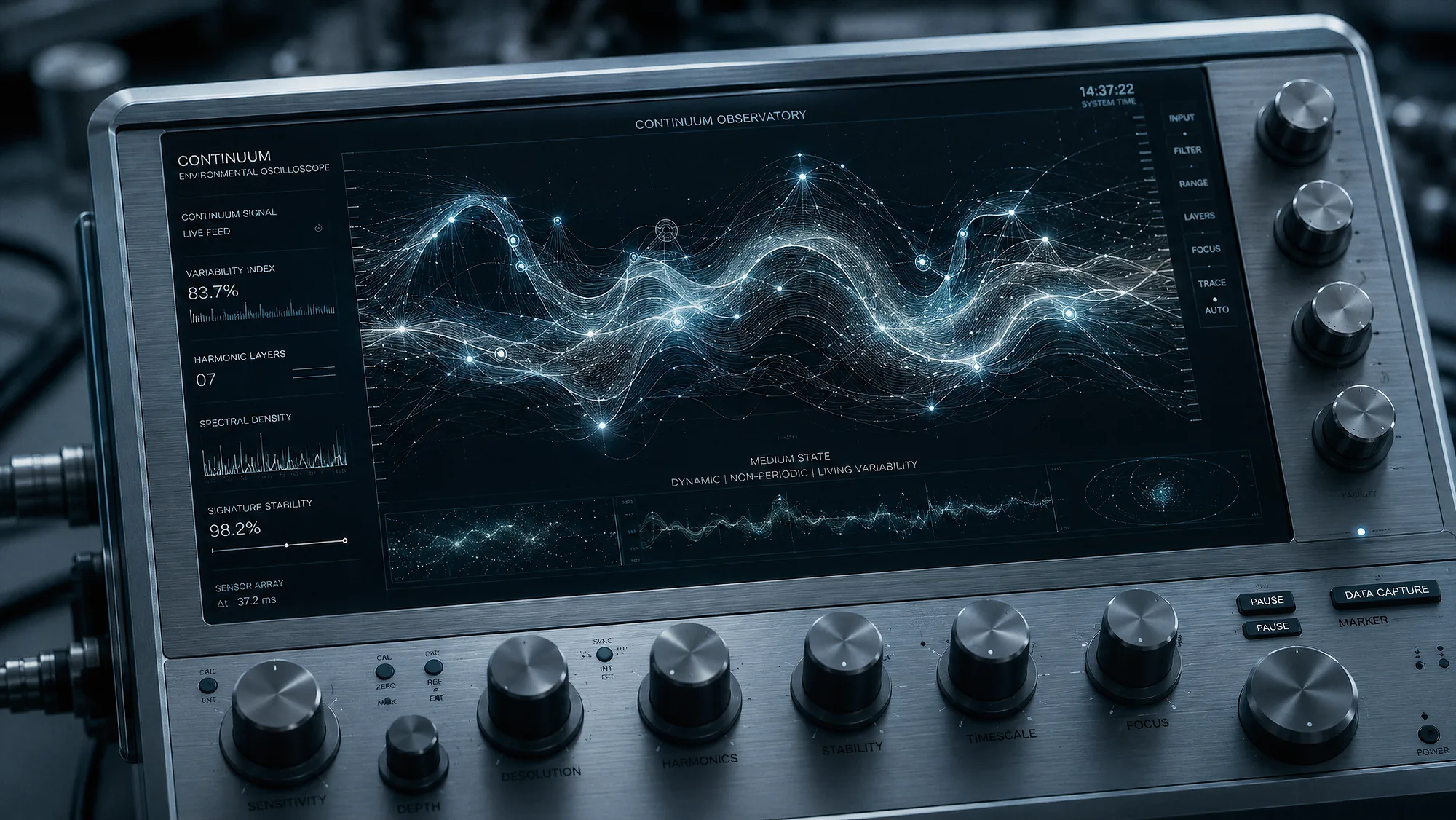An oscilloscope records unpredictable fluctuations in the living environment.