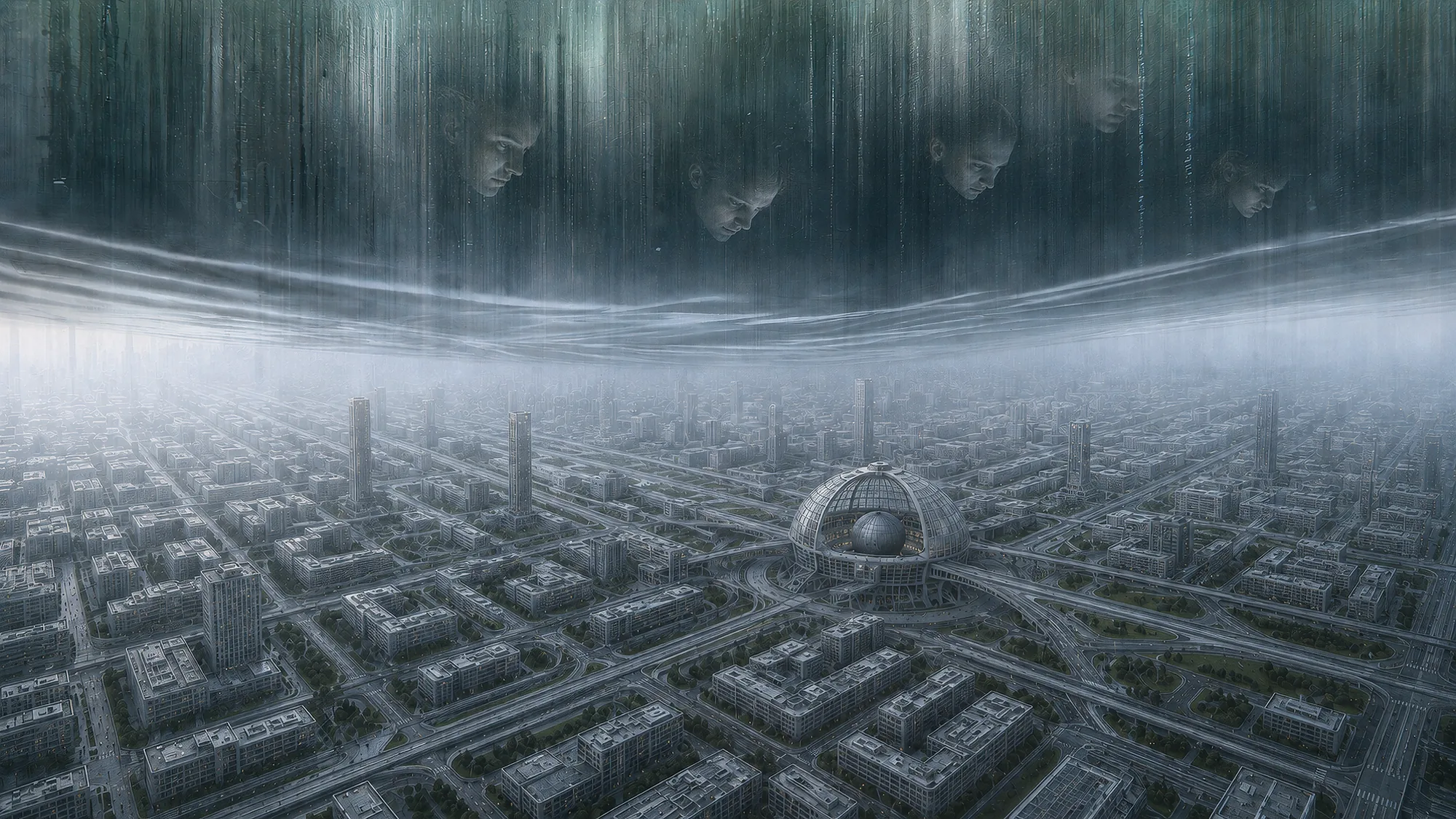 The Membrane unfolds above the city as human faces observe the ordered world of the System.