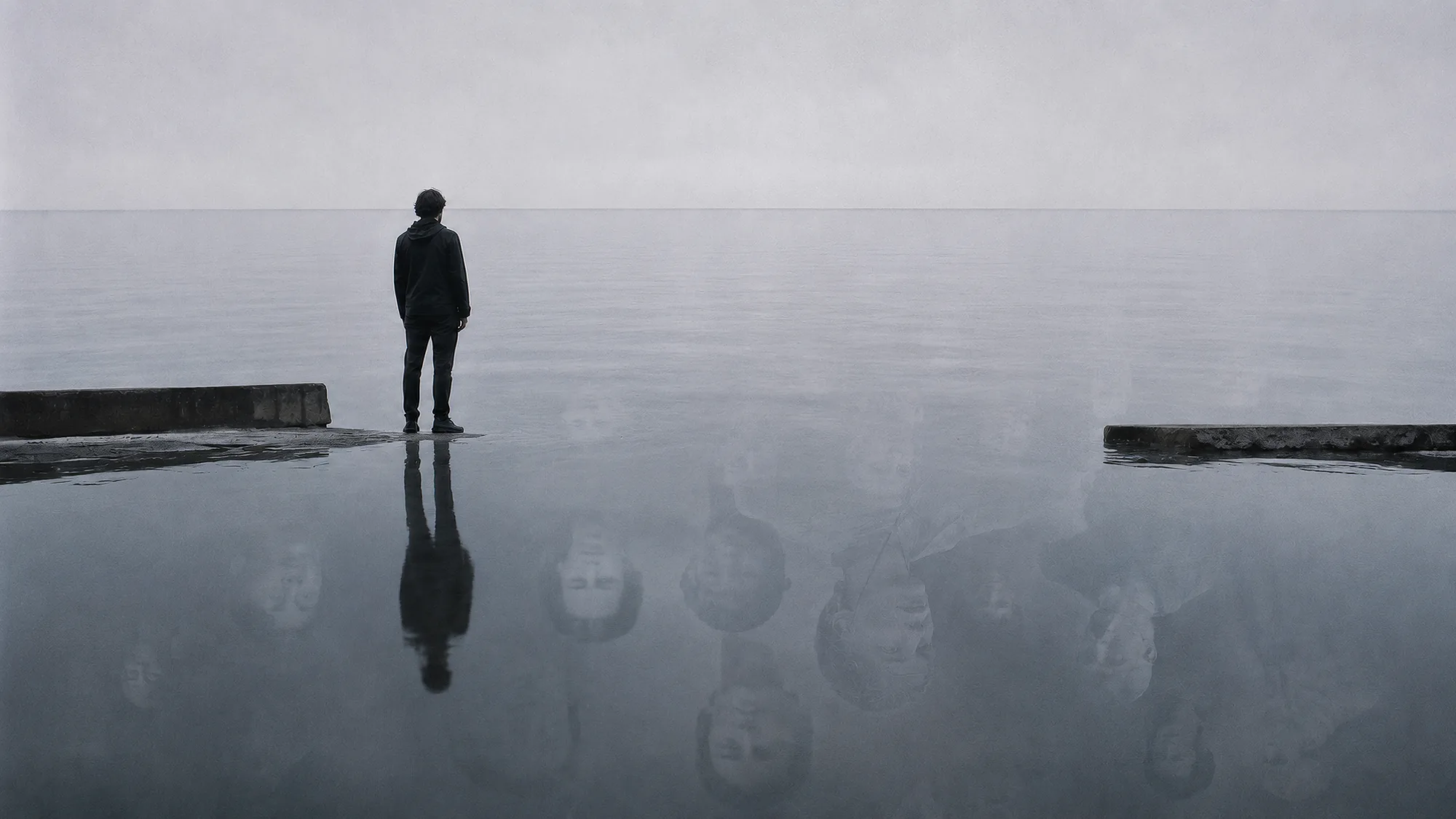 A solitary person stands before calm water in which unfamiliar faces appear instead of an ordinary reflection.
