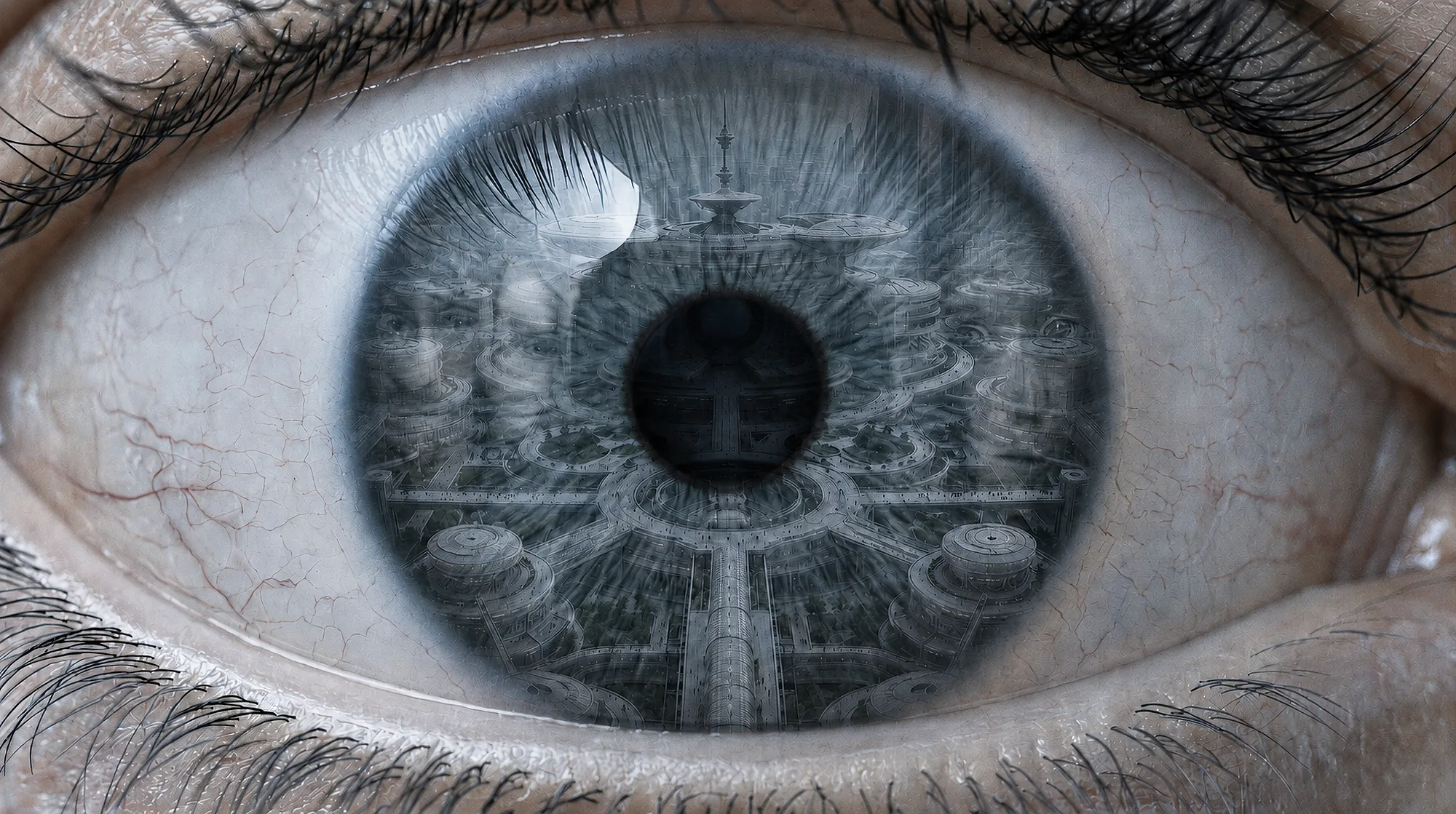 A city is reflected within the iris of a human eye, visually uniting the observer, the world, and the Membrane.