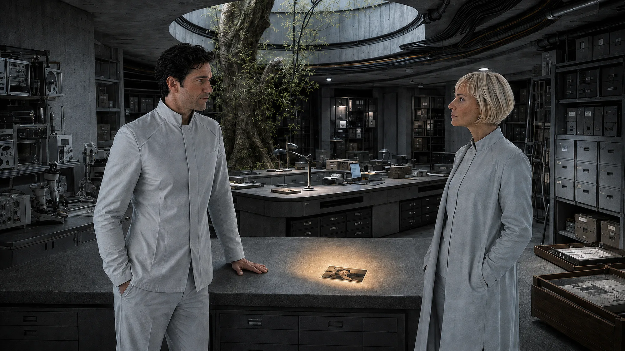 Numerous rooms, stairways, doors, and archive drawers unfold within a human profile.