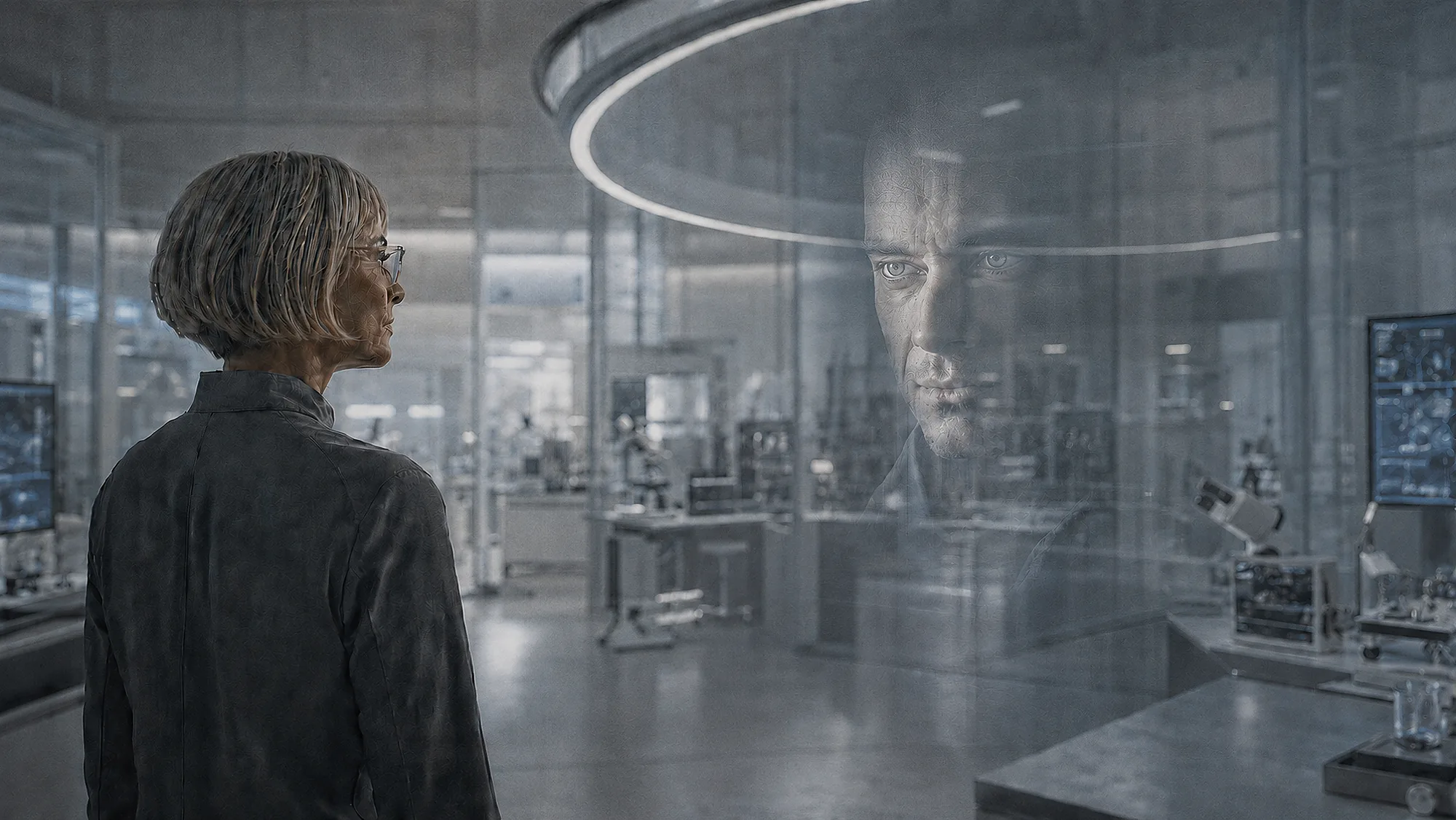 Two researchers in an archive laboratory stand on opposite sides of a worktable, with a photograph between them.