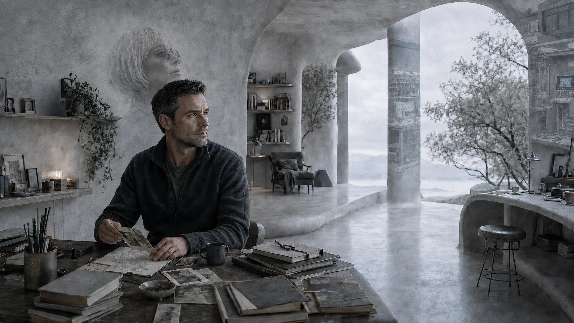 Living spaces, rooms, and human figures exist simultaneously, partially overlapping one another.