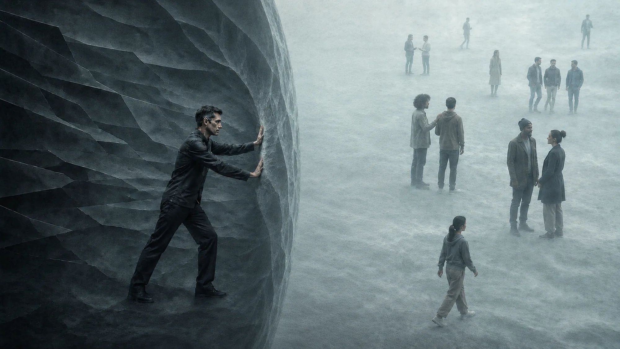 From the dark side, Darian pushes a vast convex shield of Crystallization while people in the brighter CONTINUUM speak and move freely.