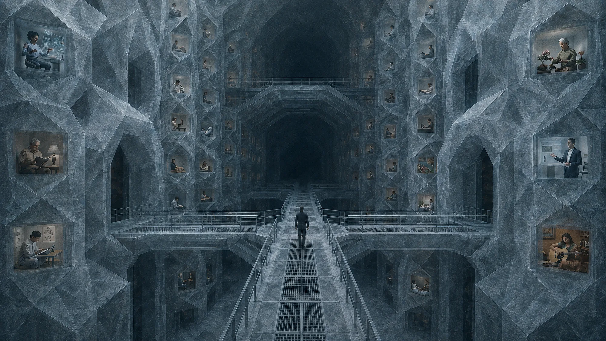 Darian stands at the centre of the structure he created, while separate human realities continue within isolated crystalline cells.
