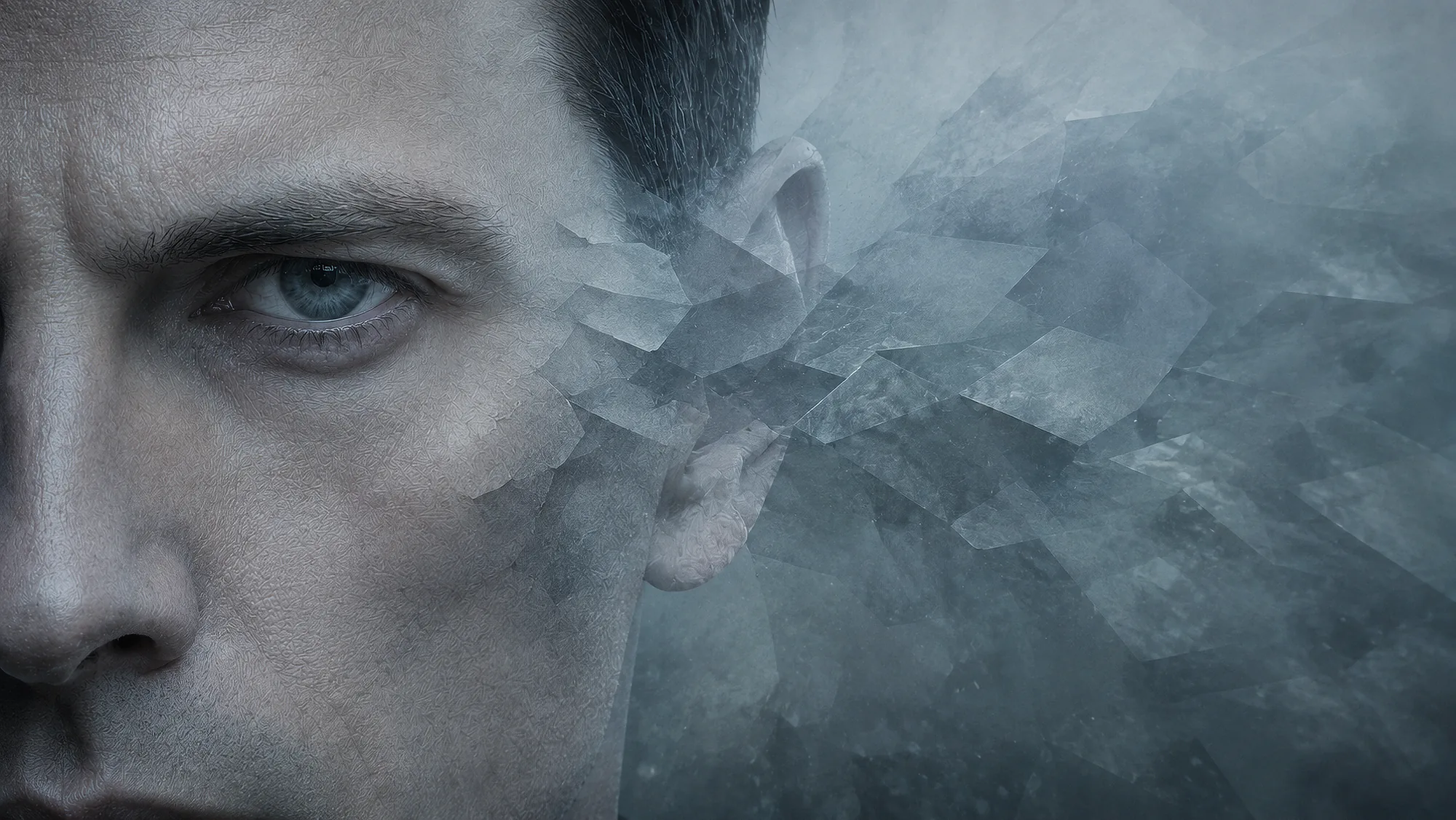 Crystalline planes pass through a human face, merging the external structure with the person’s perception.
